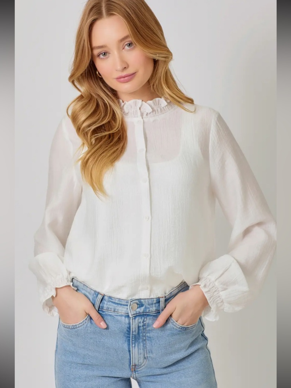 2023. Ruffle puff long sleeve gauzy lightweight button up top white
